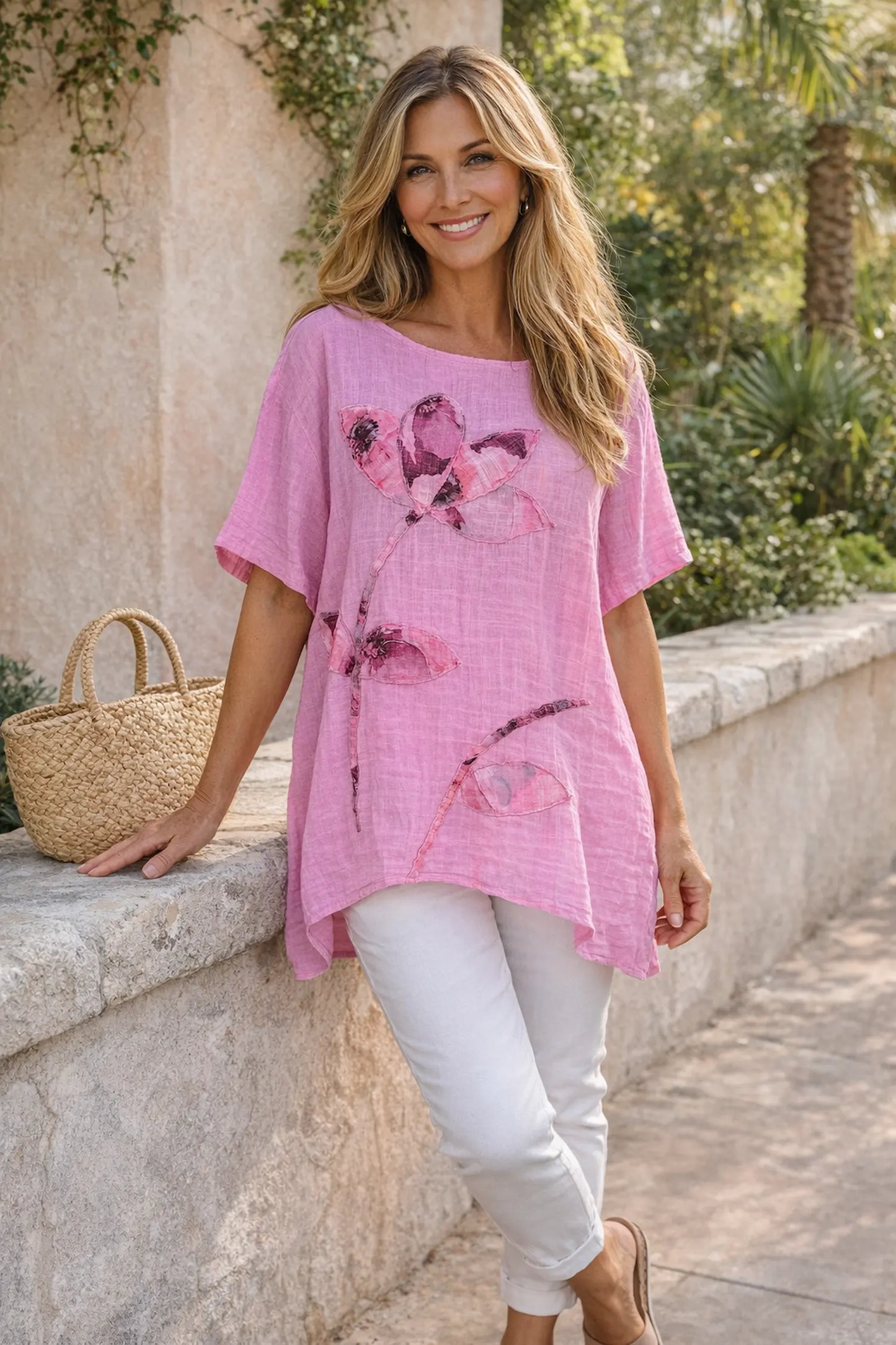 Pure Cotton Embroidered Floral Juliette Top - Lipstick Pink