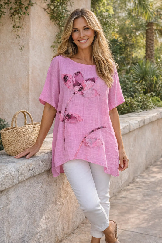 Pure Cotton Embroidered Floral Juliette Top - Lipstick Pink