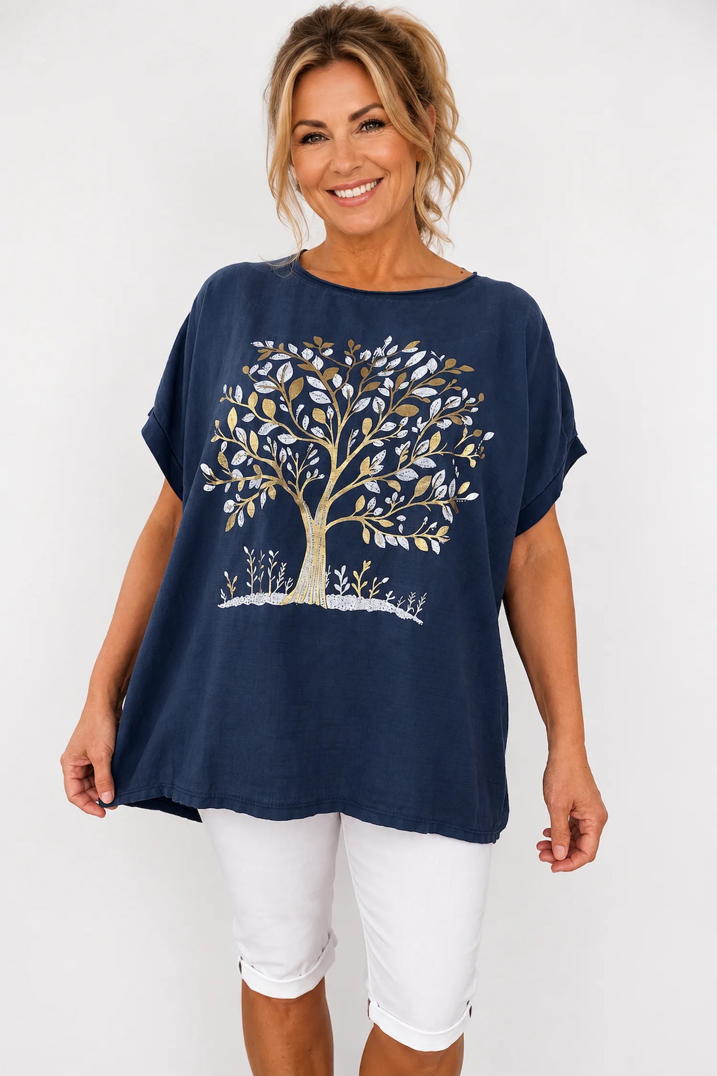 Linen Cotton Mix Diamanté Golden Leaf Carletta Top - Navy
