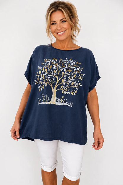 Linen Cotton Mix Diamanté Golden Leaf Carletta Top - Navy