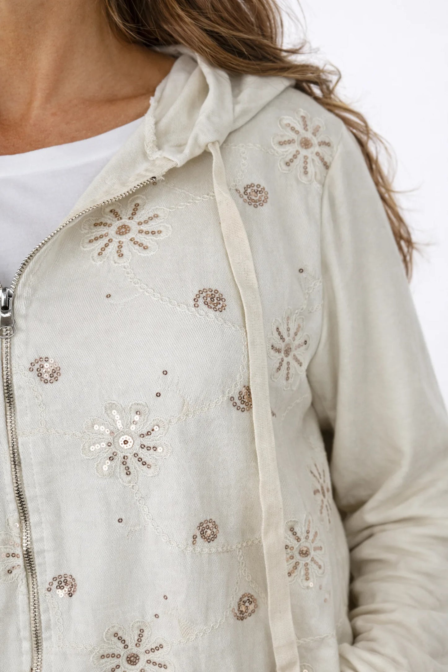 Cotton Sequin Floral Embroidery Double Pocket Zipped Siena Drawstring Hem Hoodie - Beige