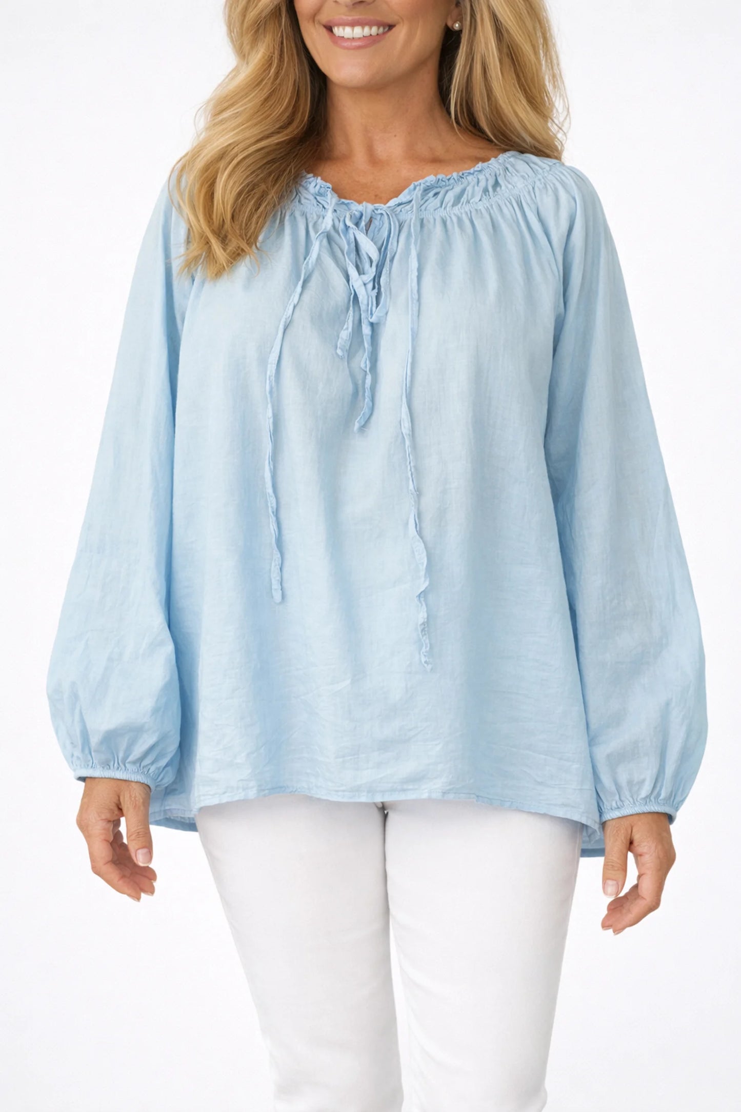 Pure Cotton Tie Front Detail Elasticated Cuff And Neckline Blanca Blouse - Baby Blue