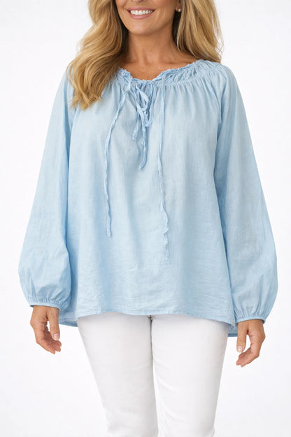 Pure Cotton Tie Front Detail Elasticated Cuff And Neckline Blanca Blouse - Baby Blue
