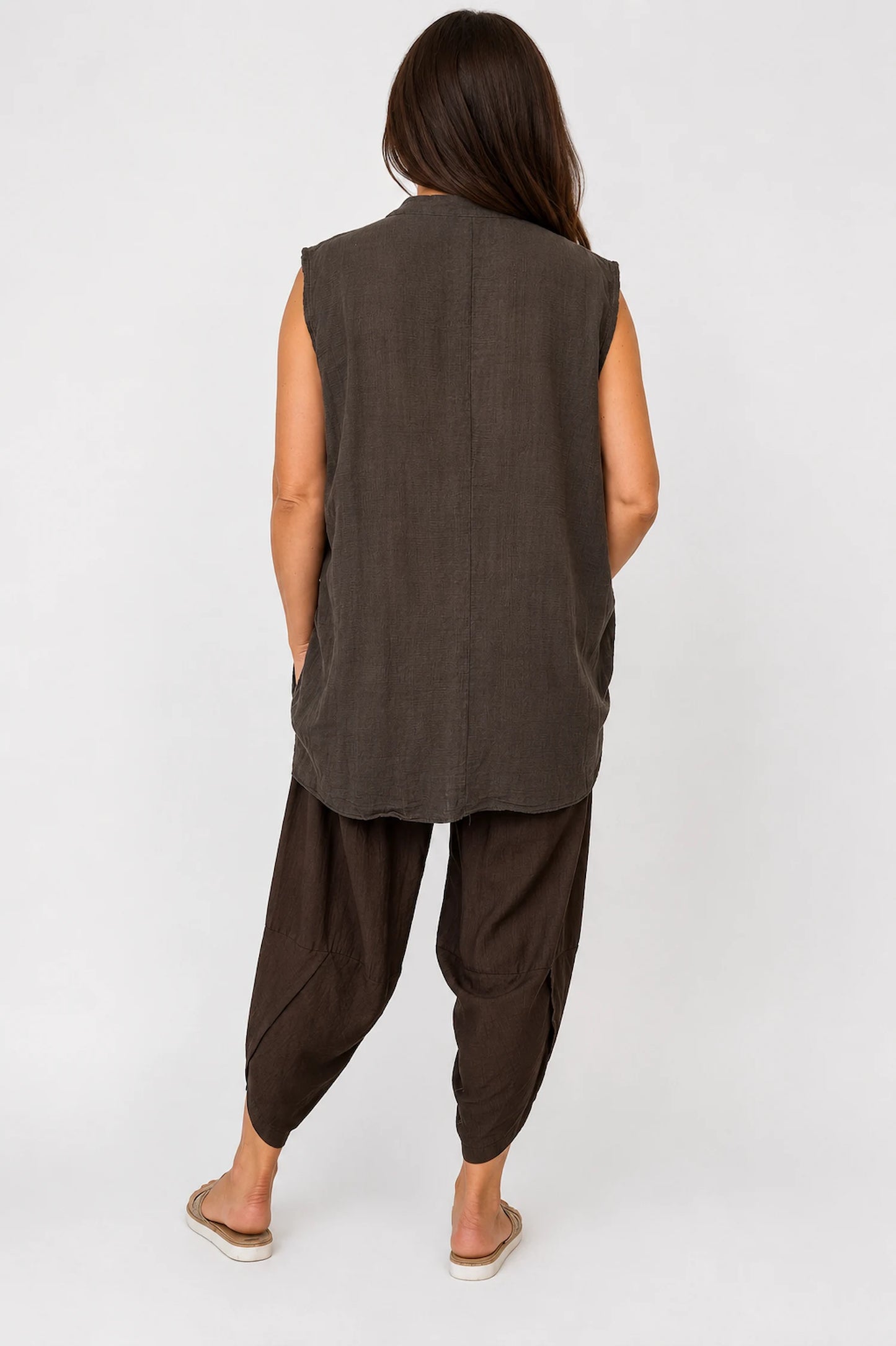Pure Cotton Mesh Detail Rosetta Pocket Cap Sleeve Top - Chocolate