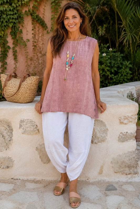Lightly Textured Button Detail Carla Necklace Vest - Washed Vintage Rose