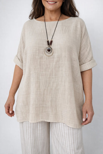 Pure Cotton Linen Look Italia Necklace Top - Stone