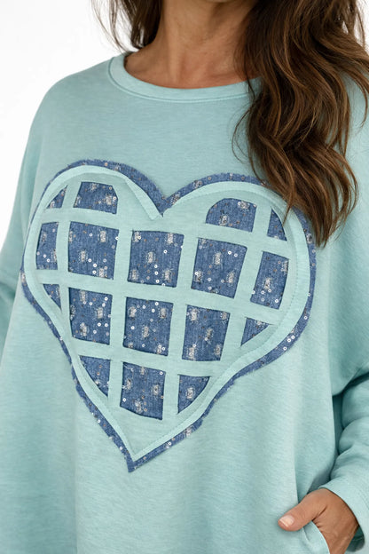 Sparkle Denim Heart Zip Side Detail Maria Sweatshirt - Mint