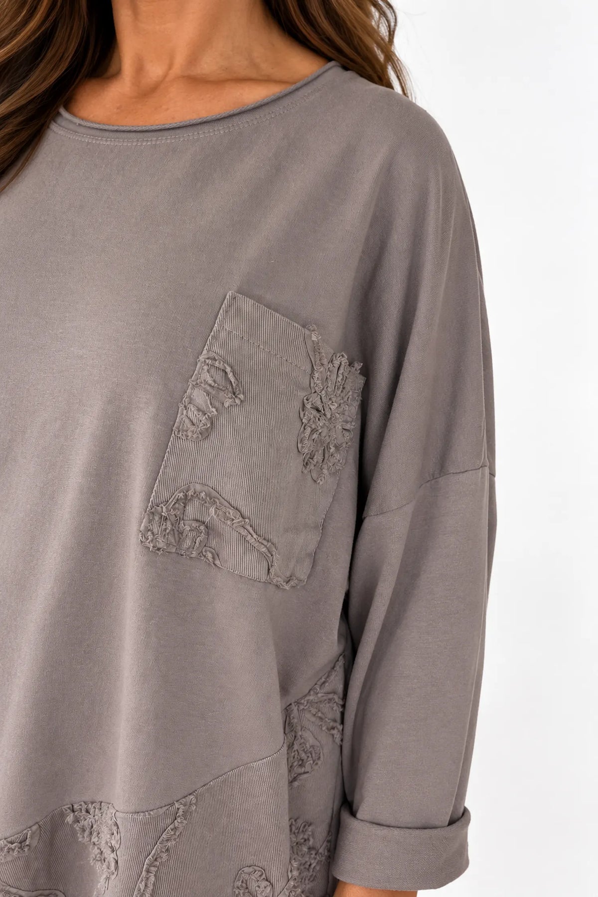 Cotton Button Detail Embroidery Anglaise Needlecord Hem Italia Top - Mocha