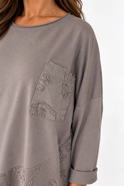Cotton Button Detail Embroidery Anglaise Needlecord Hem Italia Top - Mocha