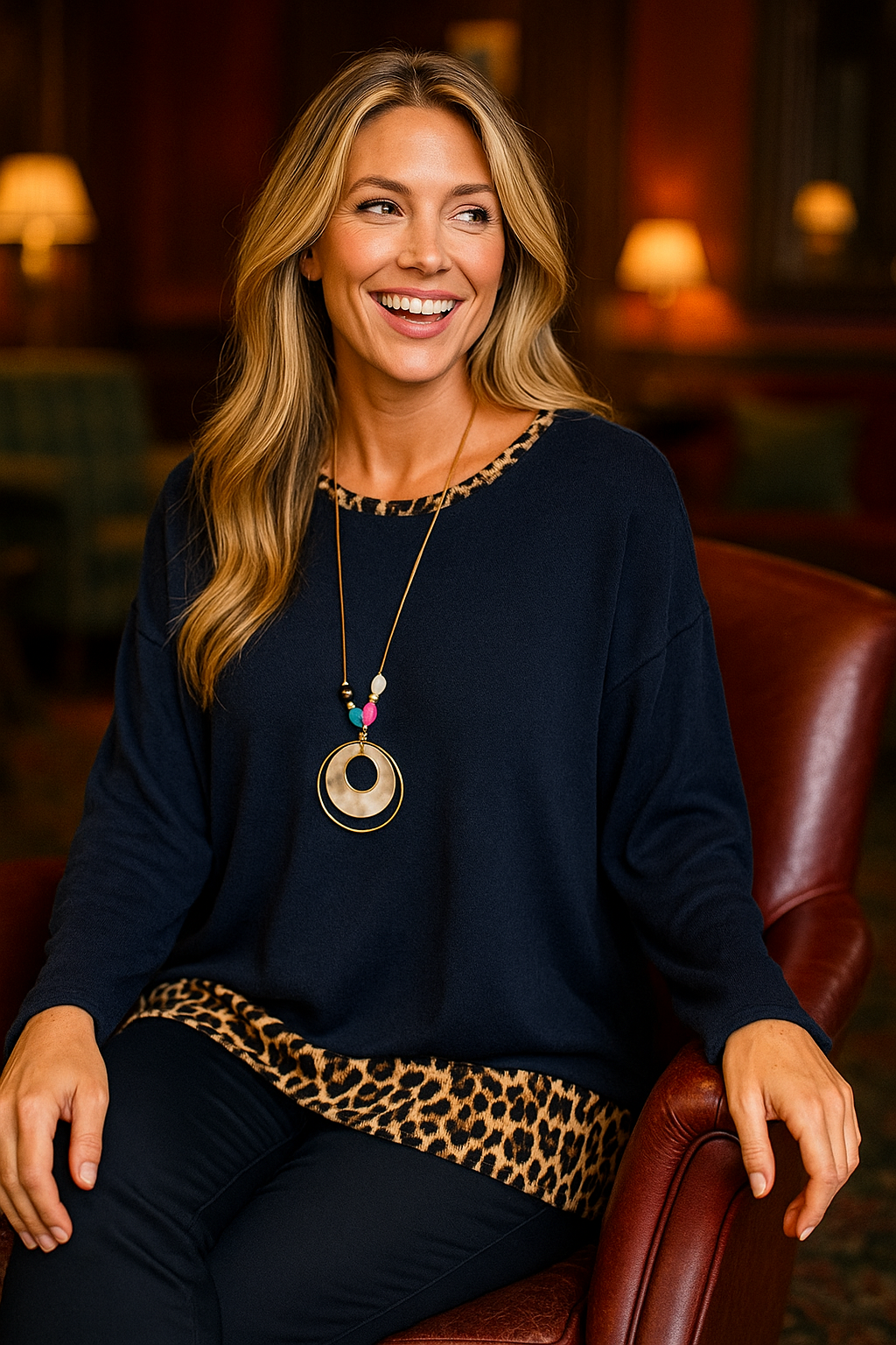 Soft Knit Leopard Trim Keri Necklace Top - Navy