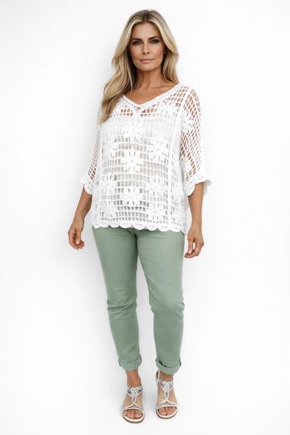 Pure Cotton Embroidered Flower Esme Batwing Crochet - White