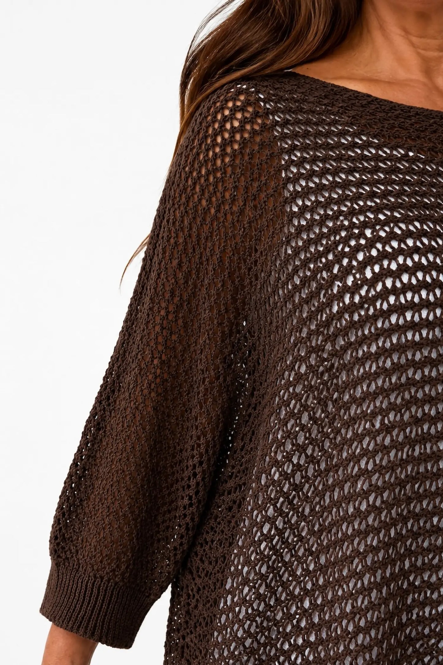 Pure Cotton Removable Tie Alexandra Batwing Crochet Top - Chocolate