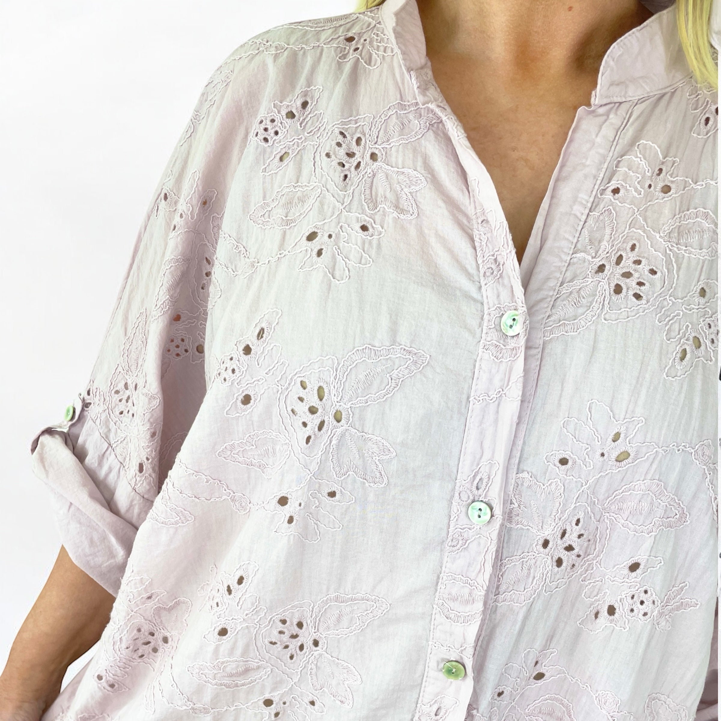 Cotton Oversized Embroidery Anglaise Button Sleeve Shirt - Dusky Pink