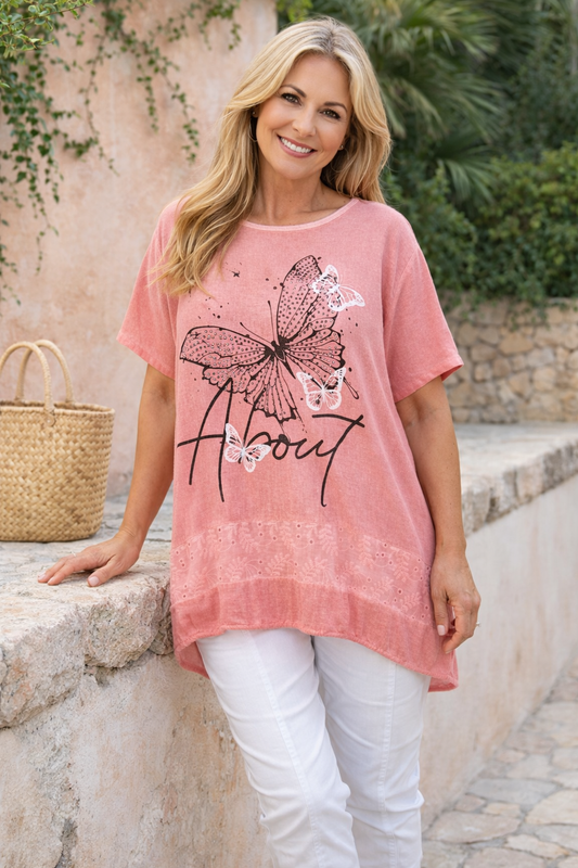 Linen Mix Diamanté Detail Embroidery Anglaise Tied Back Hem Liliana Butterfly Top - Coral Blush