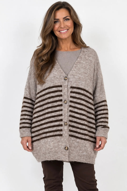Wool Mix Perla Stripe Button Cardigan - Mocha