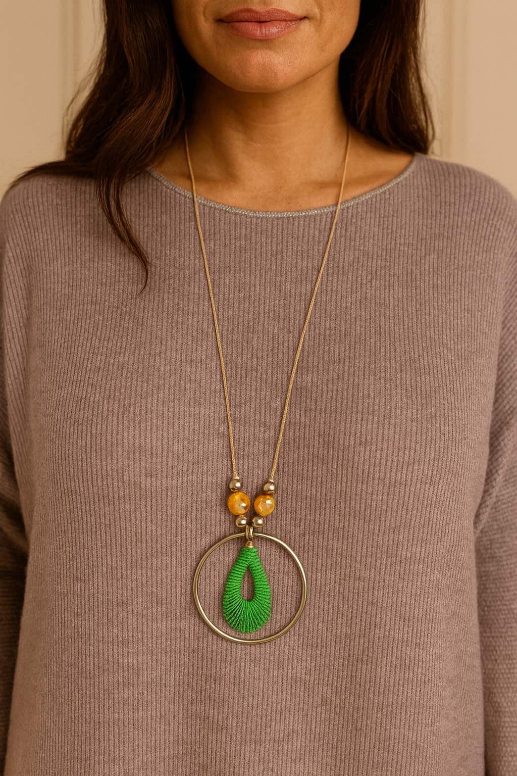 Ribbed Knit Silver Lining Veronica Necklace Top - Mocha