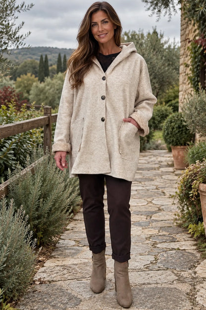 Wool Mix Brushed Double Patch Pocket Italia Button Hooded Coat - Fleck Beige