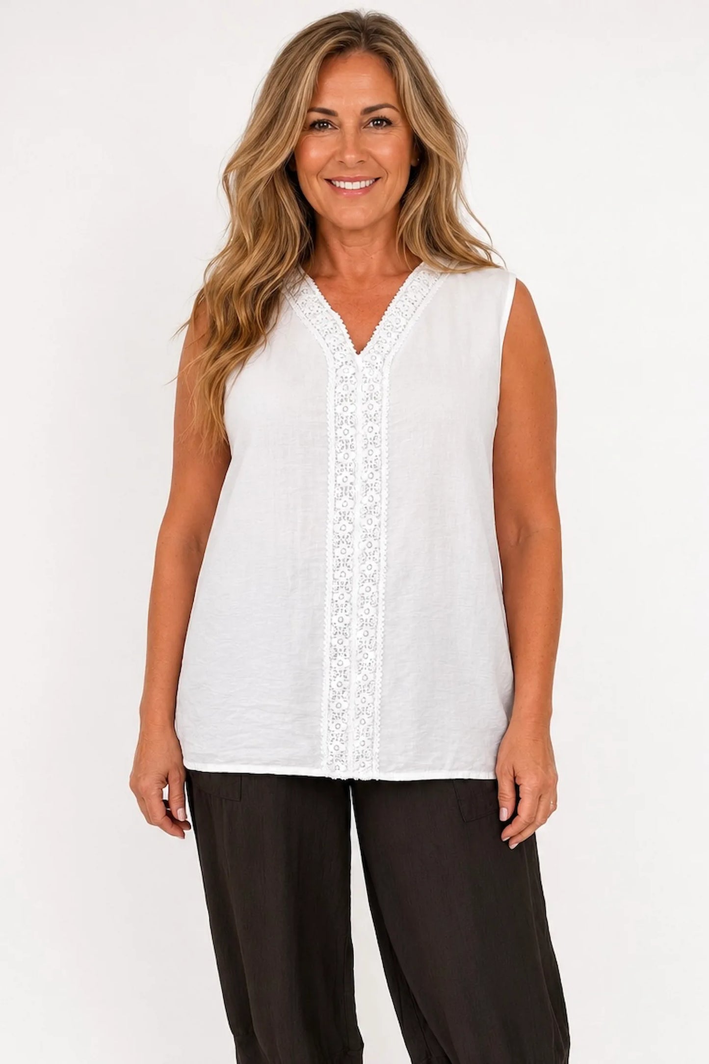 Embroidered Trim Carvela Sleeveless Top - White