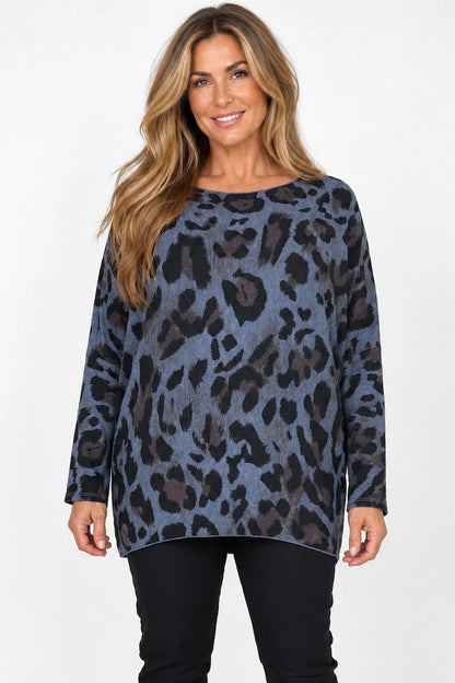 Fine Knit Carly Leopard Top - Midnight Blue