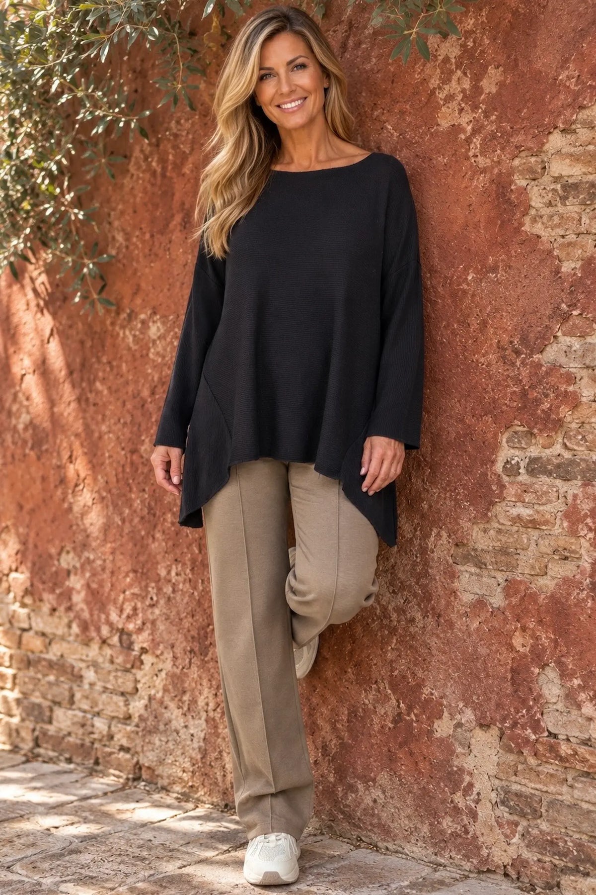 Wool Mix Ribbed Knit Porto Top - Black
