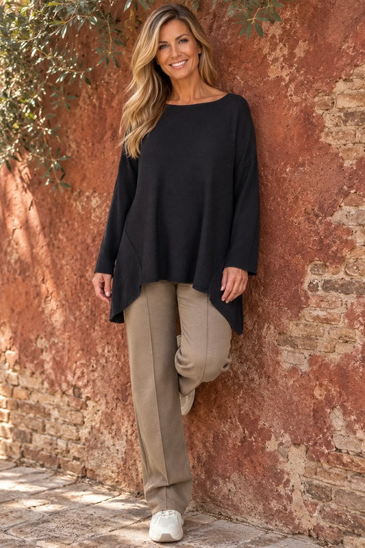 Wool Mix Ribbed Knit Porto Top - Black