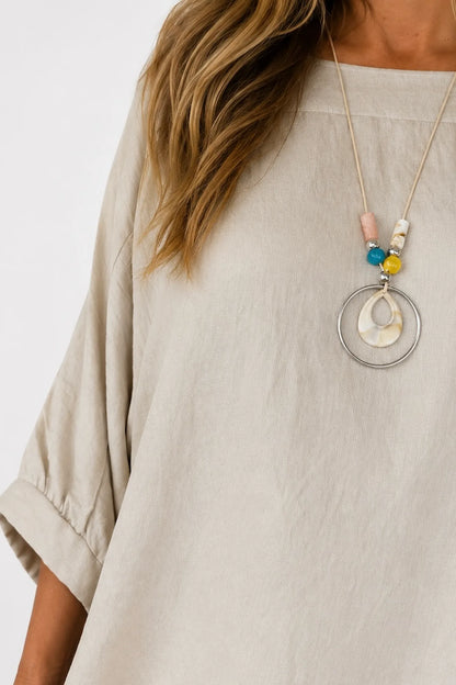 Relaxed Oversized Summer Flow Necklace Top - Beige