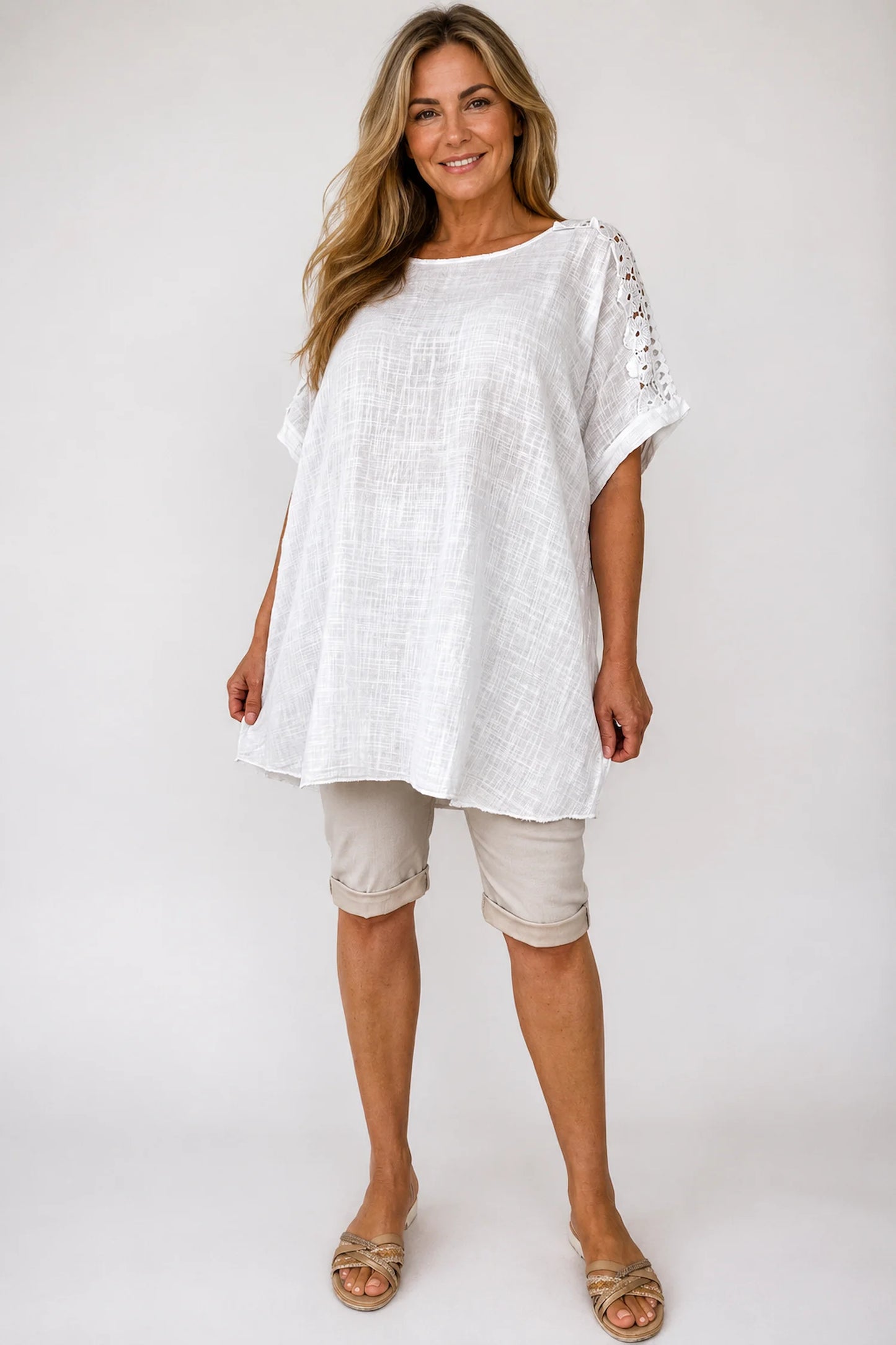 Pure Cotton Embroidered Crochet Sleeve Amira Top - White