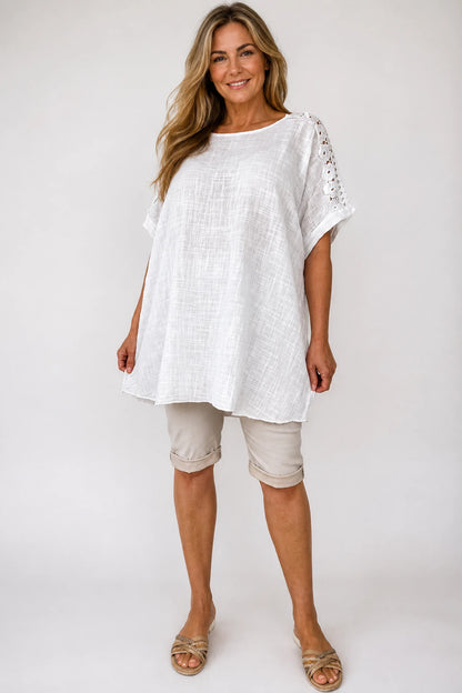 Pure Cotton Embroidered Crochet Sleeve Amira Top - White