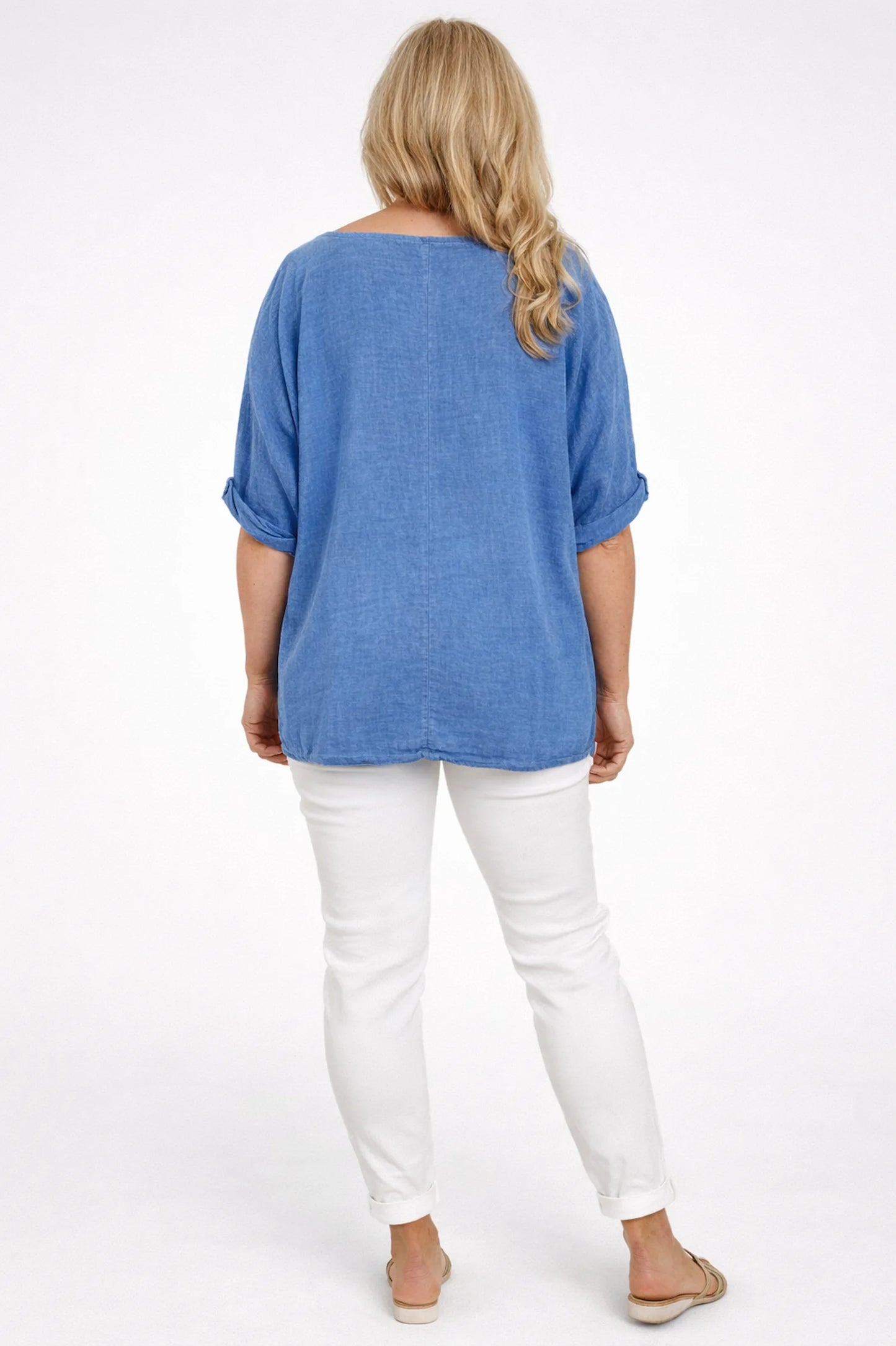 Linen Cotton Mix Azuria Necklace Top - Washed Denim