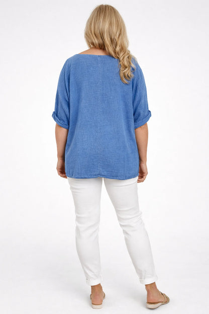 Linen Cotton Mix Azuria Necklace Top - Washed Denim