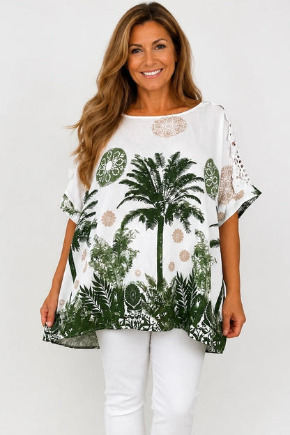 Embroidered Floral Crochet Sleeve Palm Top - Jungle Green