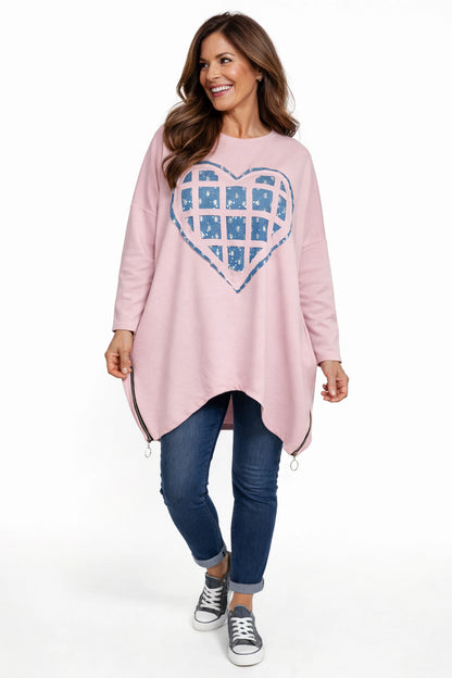 Sparkle Denim Heart Zip Side Detail Maria Sweatshirt - Baby Pink