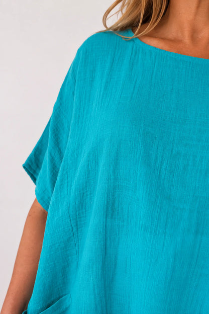 Pure Cotton Double Pocket Coté Tunic Top - Minted Teal