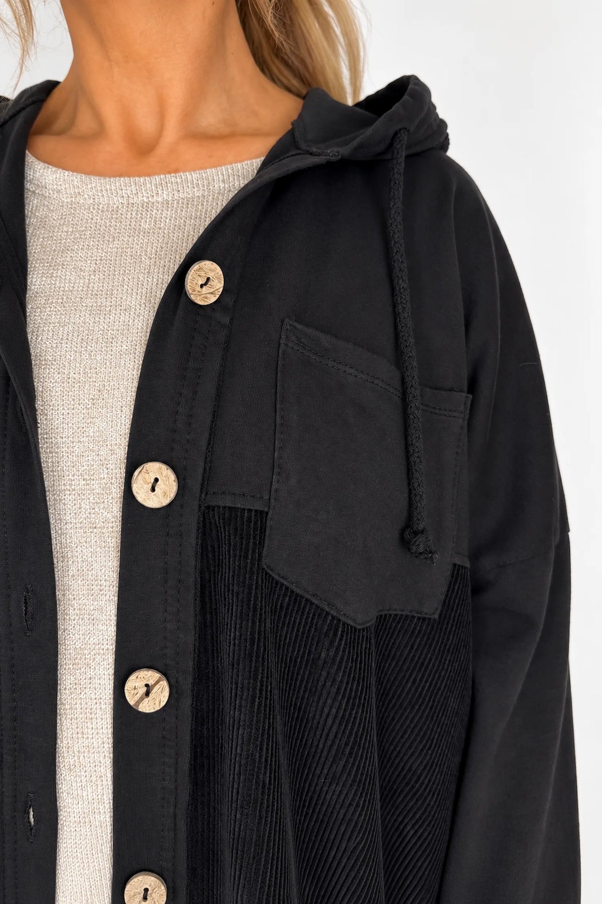Pure Cotton Cord Patch Pocket Connie Button Hooded Jacket - Black