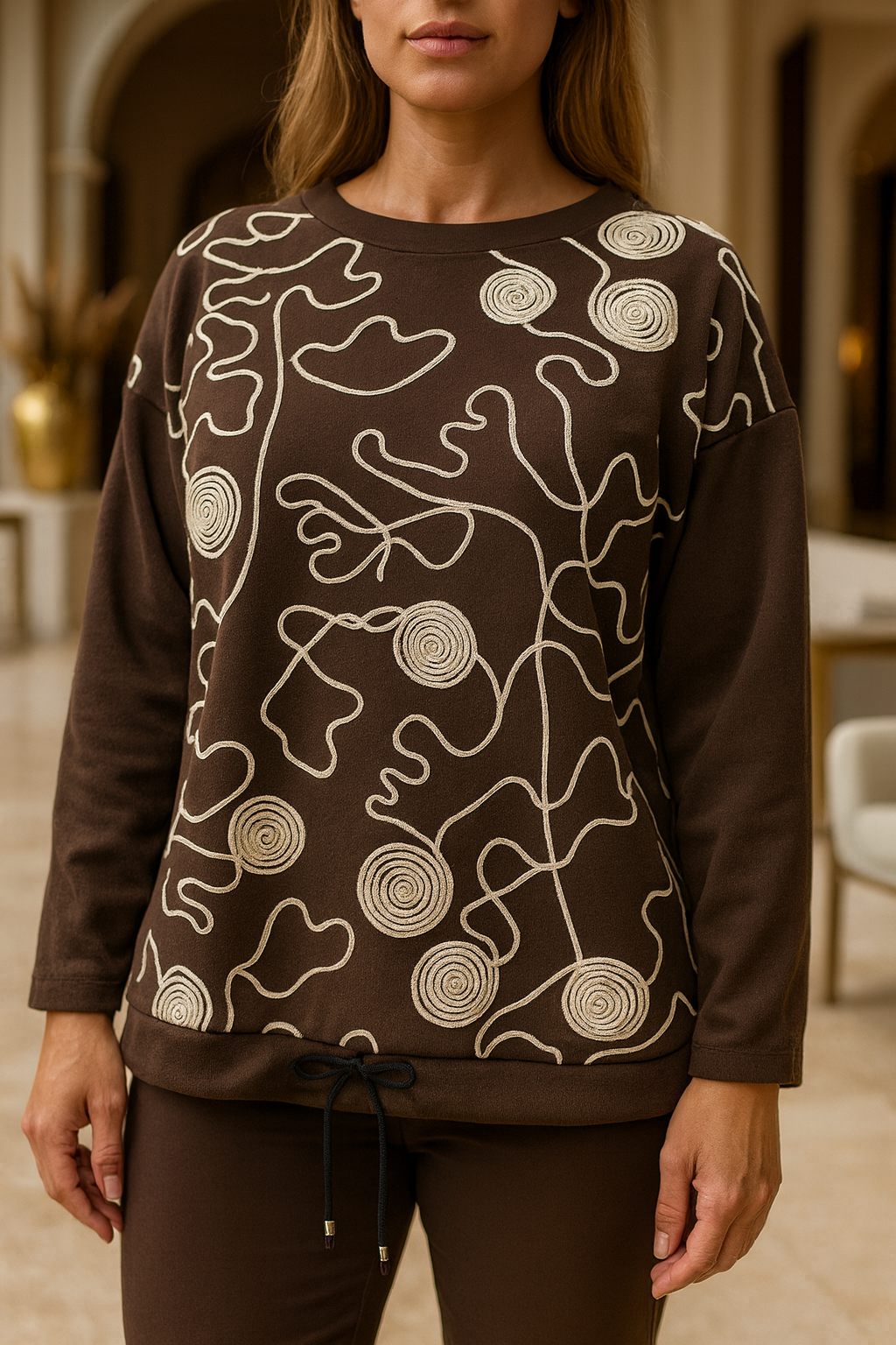 Tie Bottom Embroidered Swirl Detail Dahila Sweatshirt - Chocolate
