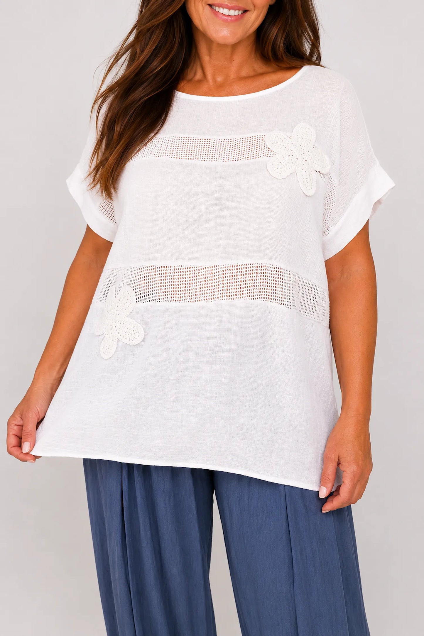 Pure Cotton Embroidered Flower Mesh Detail Capari Top - White