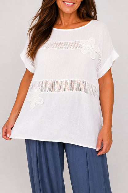 Pure Cotton Embroidered Flower Mesh Detail Capari Top - White