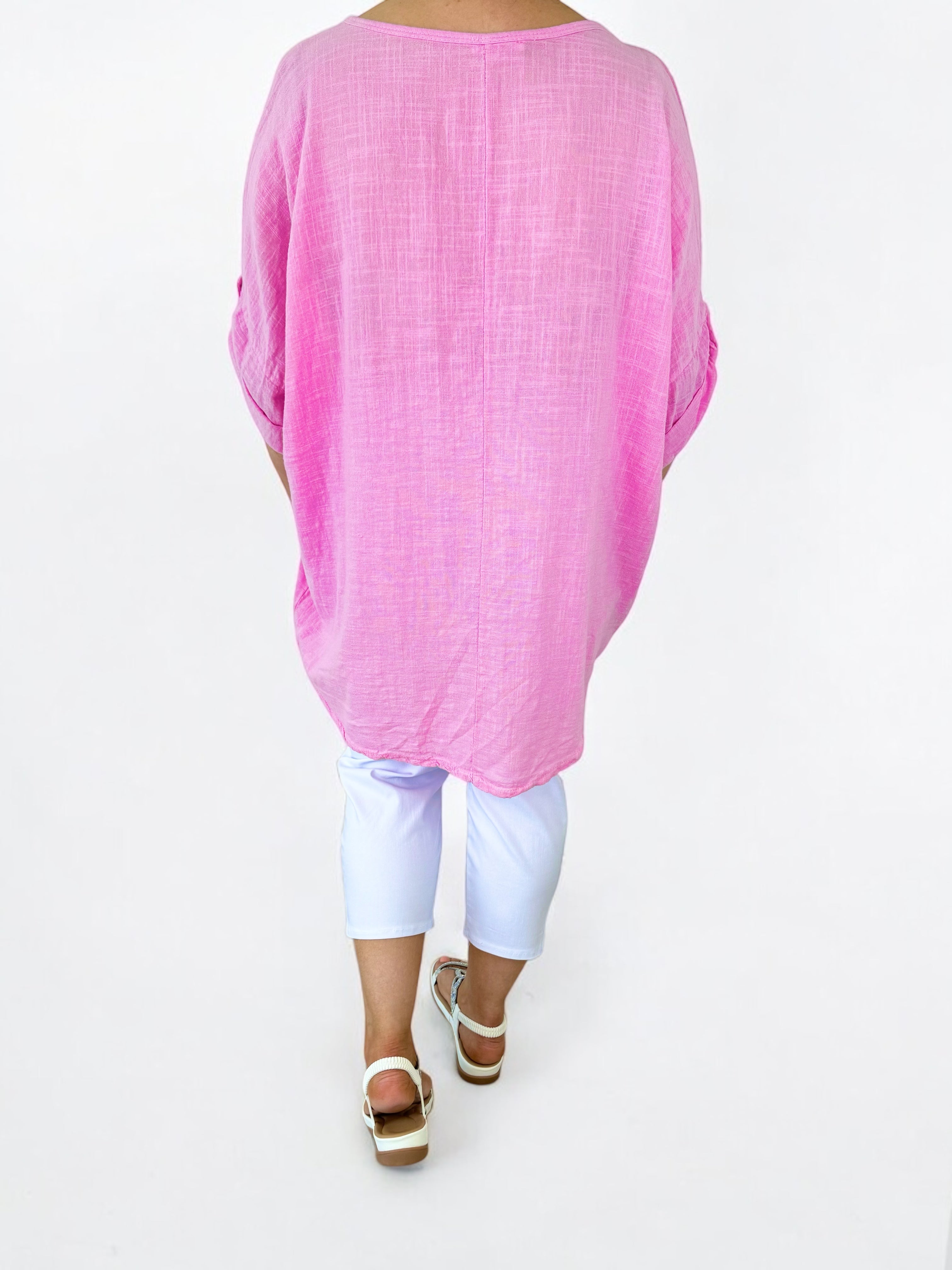 Pure Cotton Pocket Detail Button Sleeve Venice Necklace Top - Baby Pink