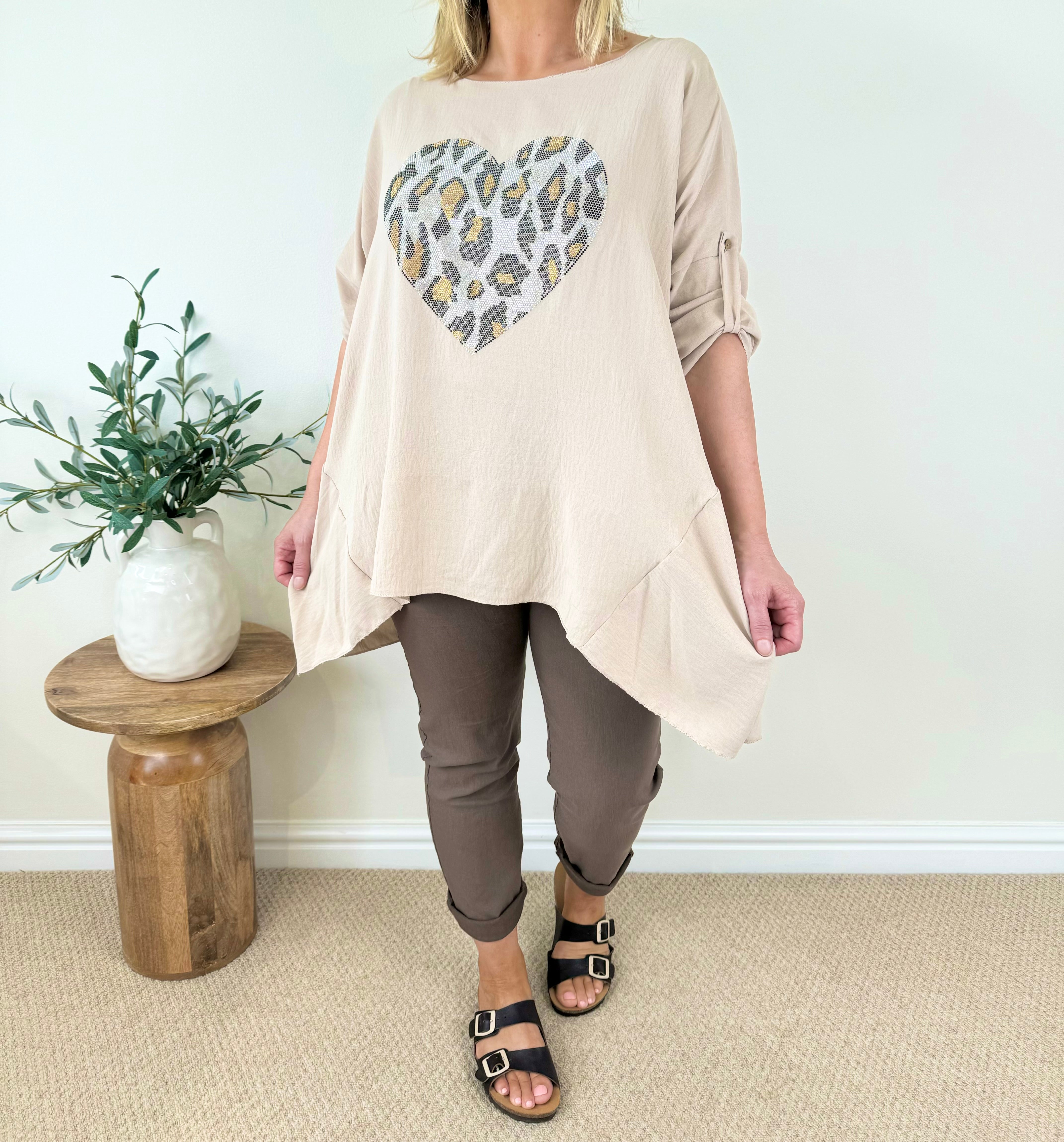 Diamanté Sparkle Animal Heart Button Sleeve Top SS24