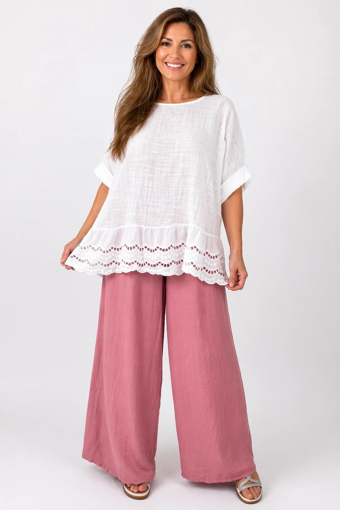 Pure Cotton Embroidery Anglaise Crochet Hem Caprina Top - White