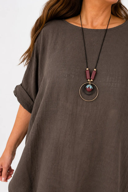 Pure Cotton Linen Look Italia Necklace Top - Chocolate