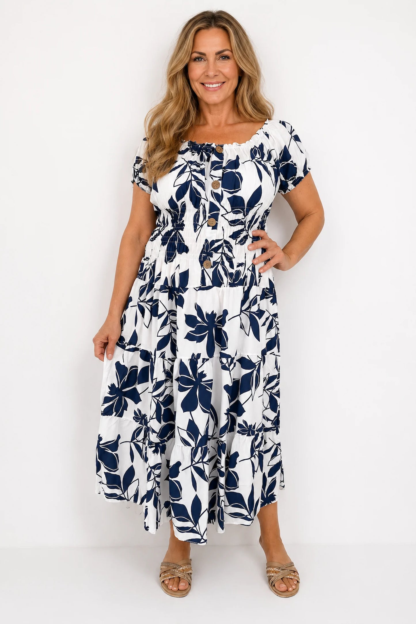Cotton Button Detail Elasticated Waist Panel Floral Dasia Dress - Navy