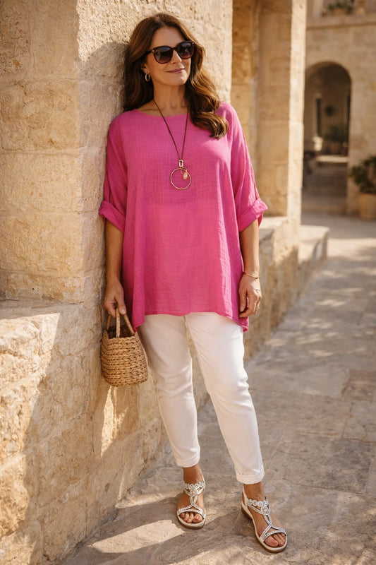 Pure Cotton Linen Look Italia Necklace Top - Cerys Pink