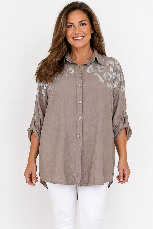 Premium Stitch Diamanté Button Sleeve Michaela Shirt - Mocha