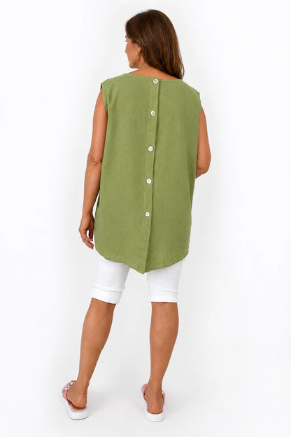 Linen Cotton Mix Button Back Embroidered Crochet Pocket Primrose Vest - Lime