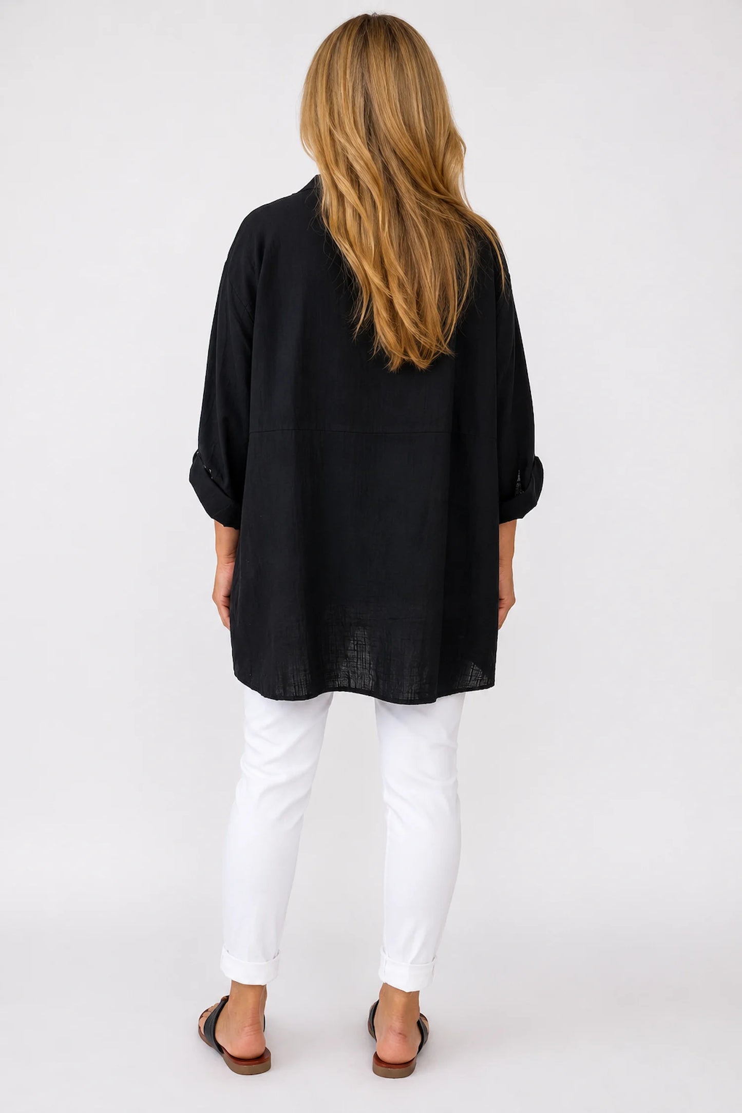 Linen Cotton Blend Button Sleeve Monica Button Shirt - Black