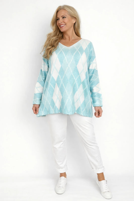 Premium Spring Knit Argyle Venice Seam Sleeve Top - Fresh Mint