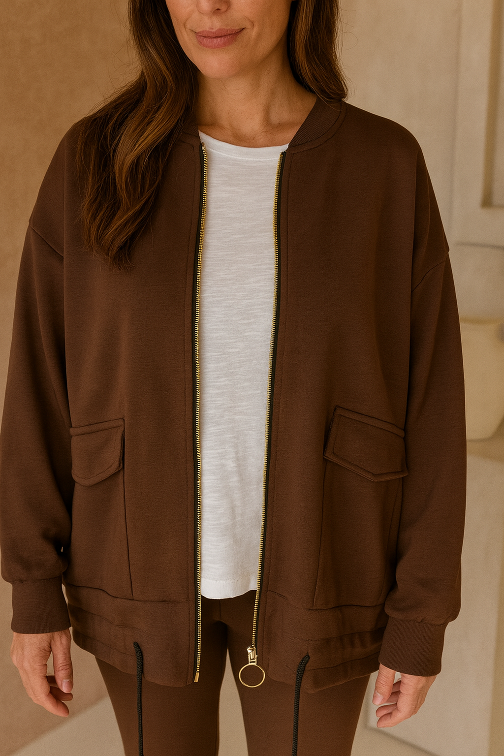 Double Pocket Gold Zip Angelica Jacket - Chocolate