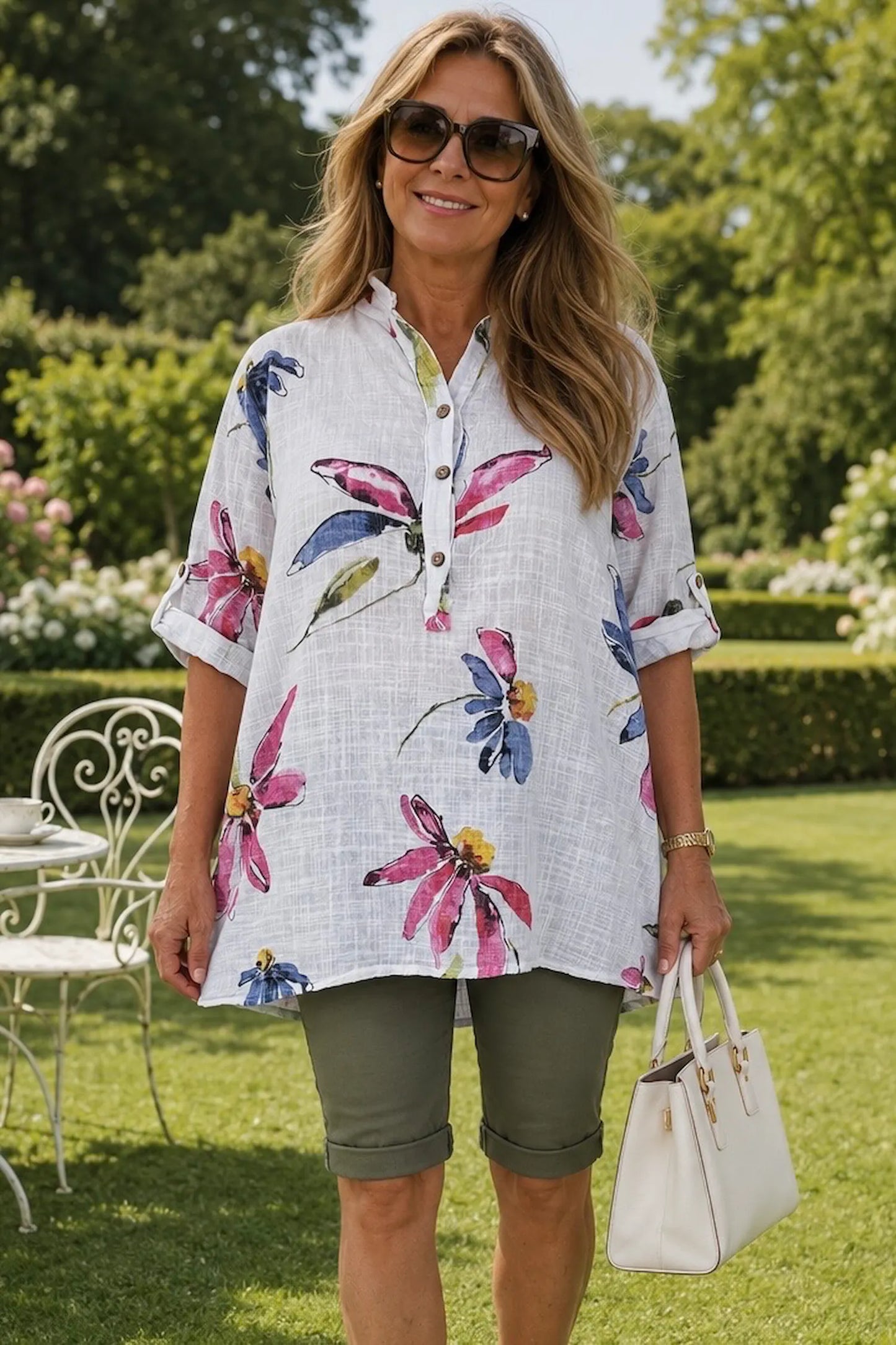 Pure Cotton Button Sleeve Alice Shirt - White