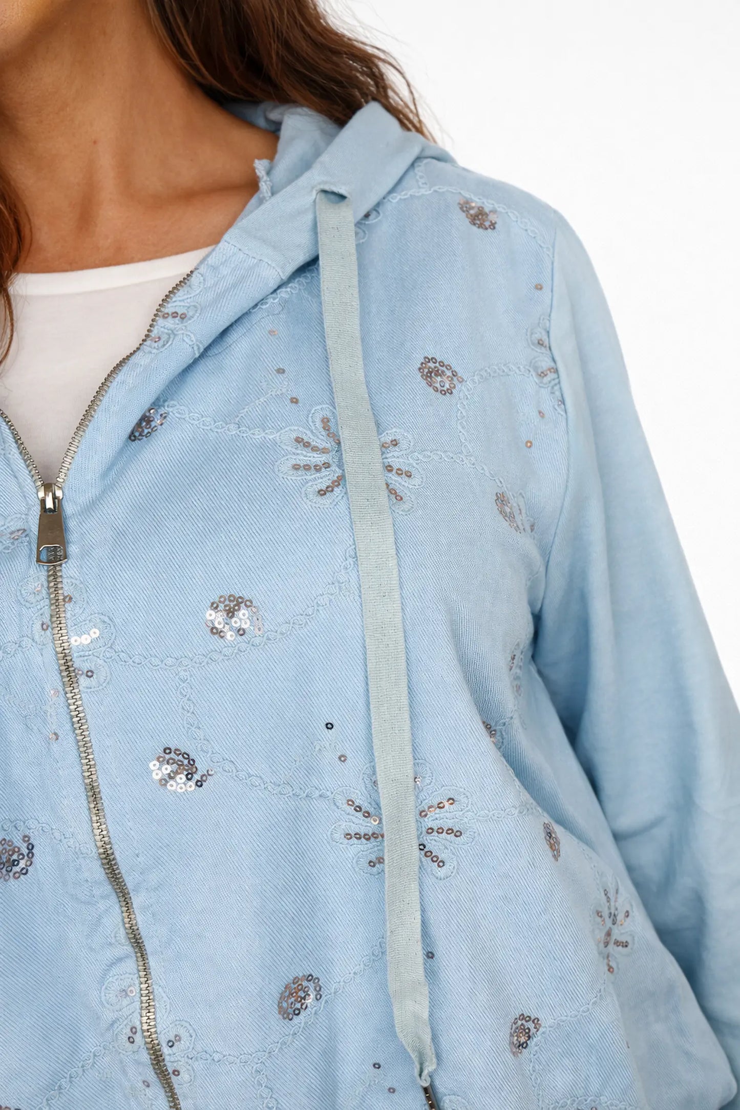 Cotton Sequin Floral Embroidery Double Pocket Zipped Siena Drawstring Hem Hoodie - Baby Blue